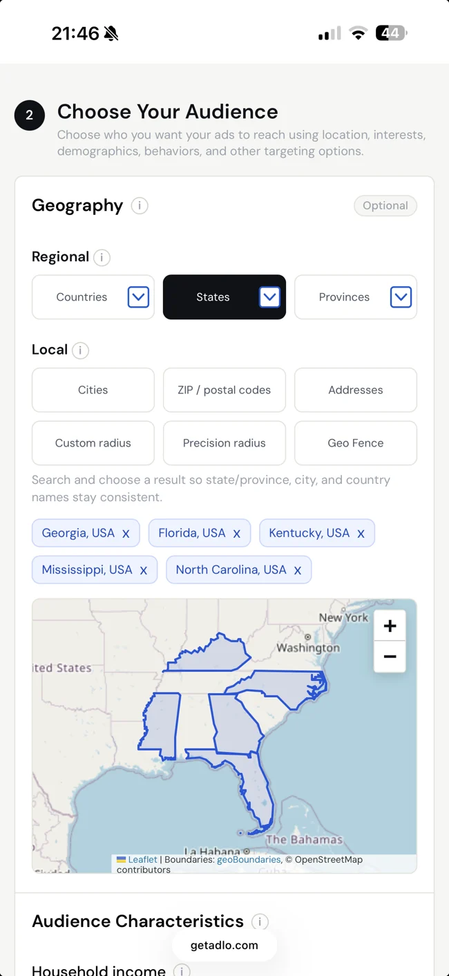 Mobile audience targeting interface with location controls and selected southeastern US states.